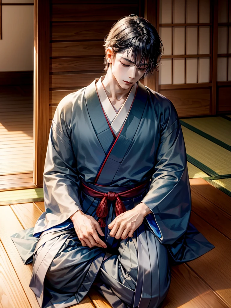 Highest Resolution,Highest quality,A beautiful young boy in hakama sitting in meditation with his eyes closed,Wooden floor,Japanese-style house,Veranda,whole body,front,Beautiful face,