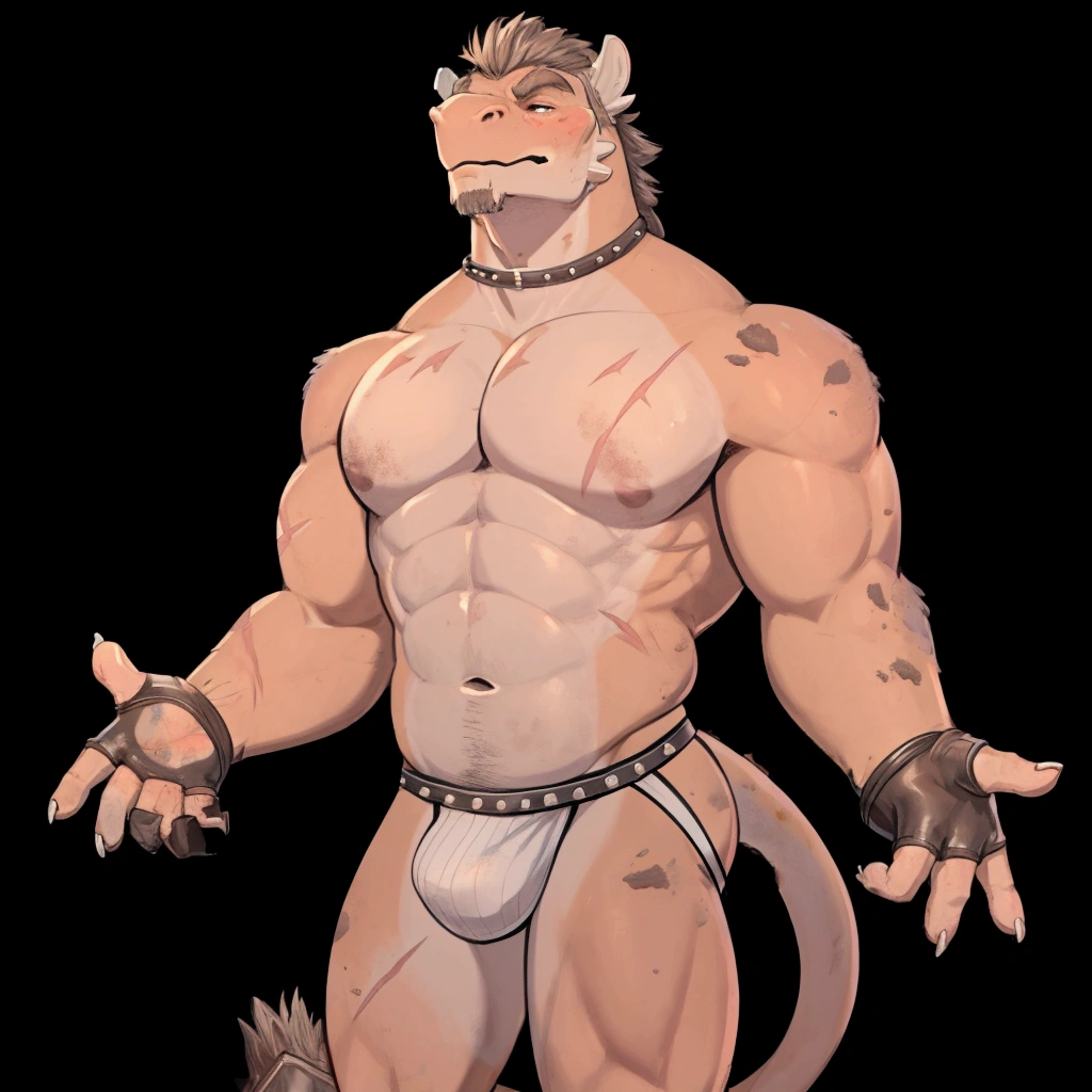 Solo Sexy young anthro acaliereptile dragon male mercenary medieval solider, slim slim muscular, anthro handsome gay shorter muzzle, handsome gay model male apperance, sword scars, worn out leather skimpy armament, low on hips heavy leather belt, old very worn out skimpy dirty linen material jockstrap, old yellow dirty worn out stains on white sawn jockstrap, very visible "x" brown seam pattern on the jockstrap, studded skimpy armlets breastplate armor, skimpy breastplate, leather bondages, fingerless leather gloves, smelly unwashed husk, dirty body look, desert battlefield, standing in sexy fighting position, close view of full character