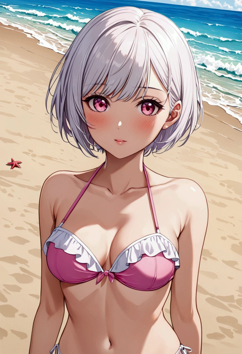 A girl with white short hair , pink eyes, a little big breasts while wearing a swimsuit standing on the beach  