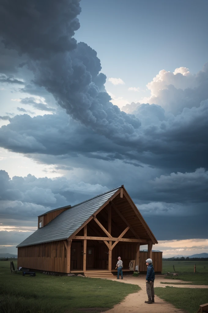 Noah looking at the ark he built, ready to face the big storm, with dark clouds in the background.