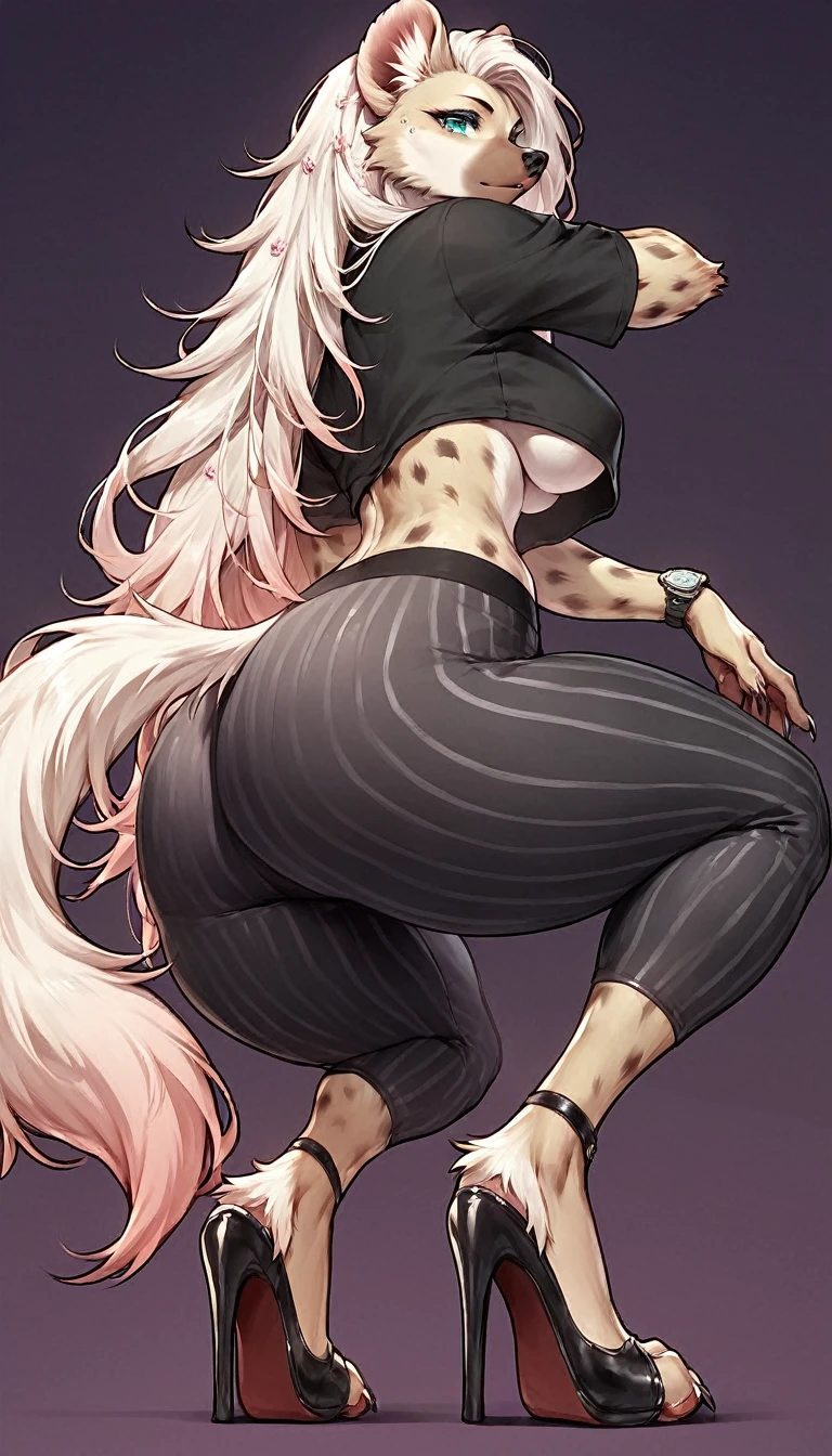 score_9, score_8_up, score_7_up, score_6_up, score_5_up, score_4_up, (solo), female anthro hyena, black shirt underboob, vertical striped yoga pants, lusty, fluffy body, long blond hair, turquoise eyes, (thick thighs:1.5) she is squatting ,from the back, backsite, from back, (focus on ass), watch your back, biki big ass sexy ass sexy but invitation violet background, simple background, high heels (black clothes)
