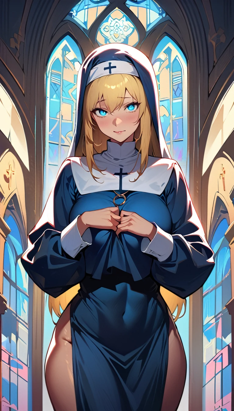 (high quality, 8k, 4K, high contrast, artwork:1.2, high quality, best aesthetics), (centered), ((1 woman)), erotic, sensual, mature body, super detailed, beautiful face detailed, beautiful eyes detailed, detailed beautiful mouth, perfect breats, (blonde, long, straight hair), (blue eyes), (shy calm expression), (religious habit), (nun's clothes), (female nun), (standing), (looking at viewer), (piercing gaze), (church), (front view)