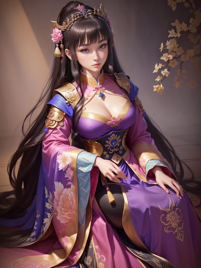 a painting of a woman in a pink and blue dress, a beautiful fantasy empress, ancient chinese princess, beautiful character painting, chinese princess, palace ， a girl in hanfu, ancient asian dynasty princess, ancient chinese beauties, inspired by Lan Ying, beautiful alluring anime woman, ((a beautiful fantasy empress)), beautiful render of tang dynasty, beautiful oriental woman, chinese empress, Highly detailed CG unit 8k wallpaper, masterpiece, High resolution, highest quality, highest quality real texture skin, Super Real, Digital Painting, Best image quality, 最High resolution, 8k, ((Highly detailed eyes and face, Beautiful eyes every detail)),