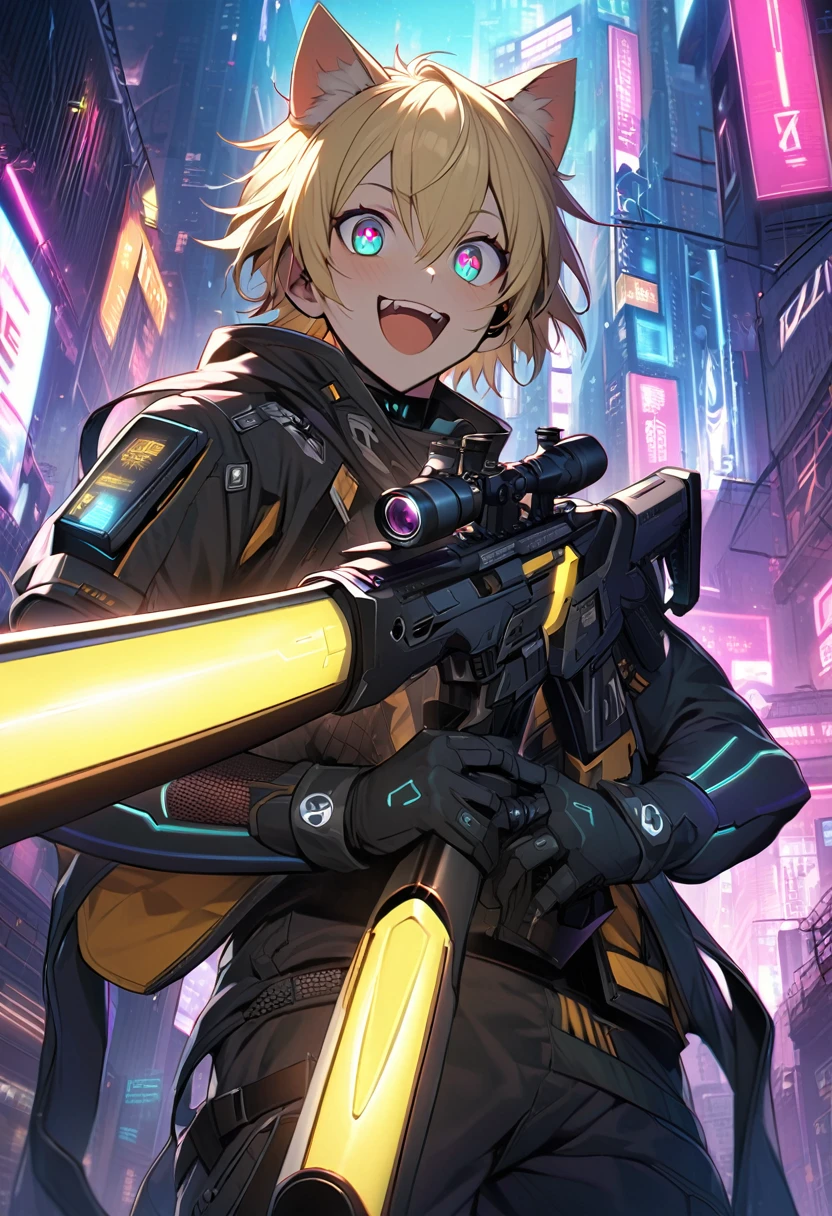 "Create an image of a character with blonde hair, cat ears, wearing a futuristic outfit and holding a sniper rifle. After a successful shot, the character looks very excited and happy, his eyes widen and It has an exaggerated look and shines around its body.The background remains a high-tech cyberpunk environment.”