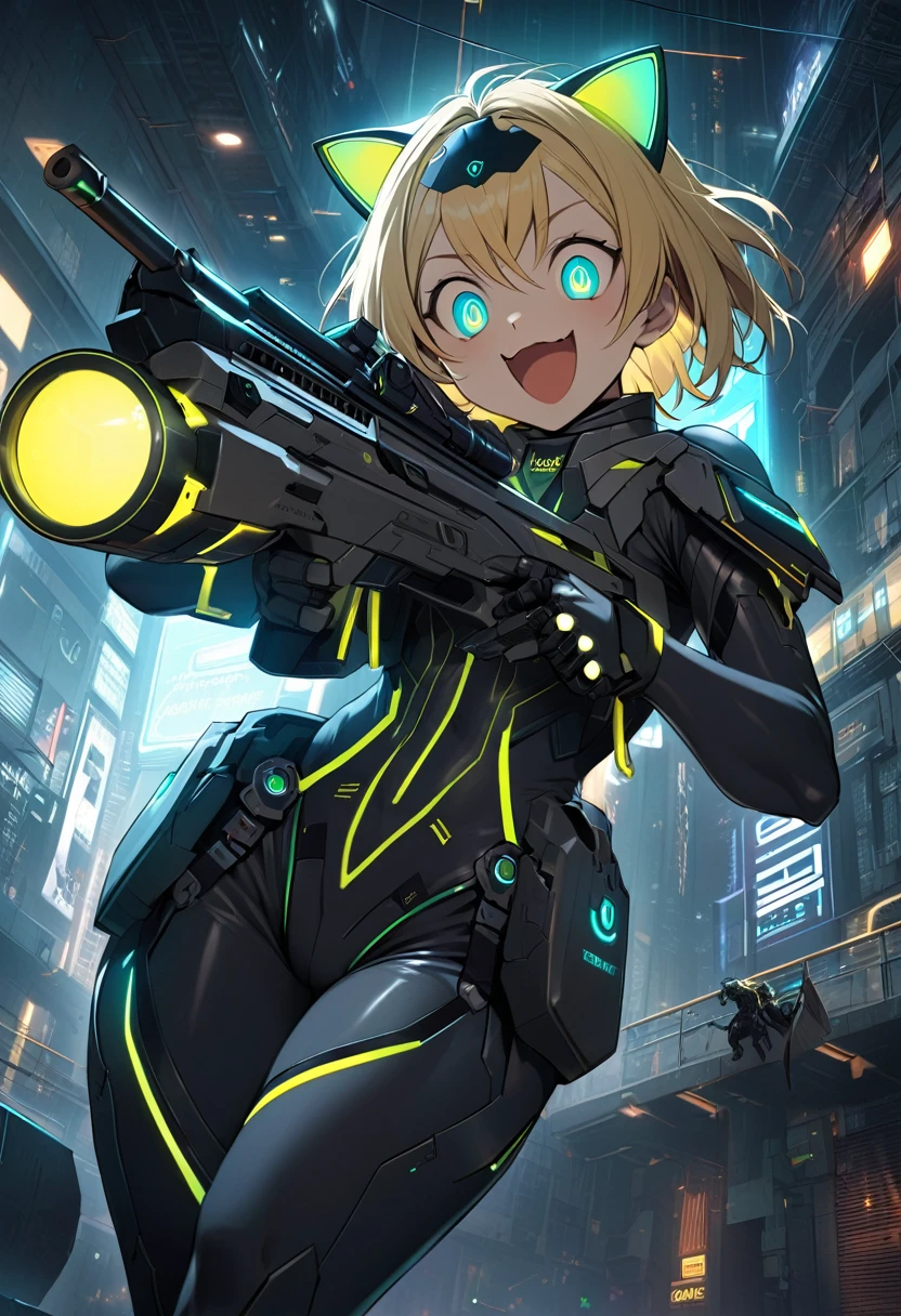 "Create an image of a character with blonde hair, cat ears, wearing a futuristic outfit and holding a sniper rifle. After a successful shot, the character looks very excited and happy, his eyes widen and It has an exaggerated look and shines around its body.The background remains a high-tech cyberpunk environment.”