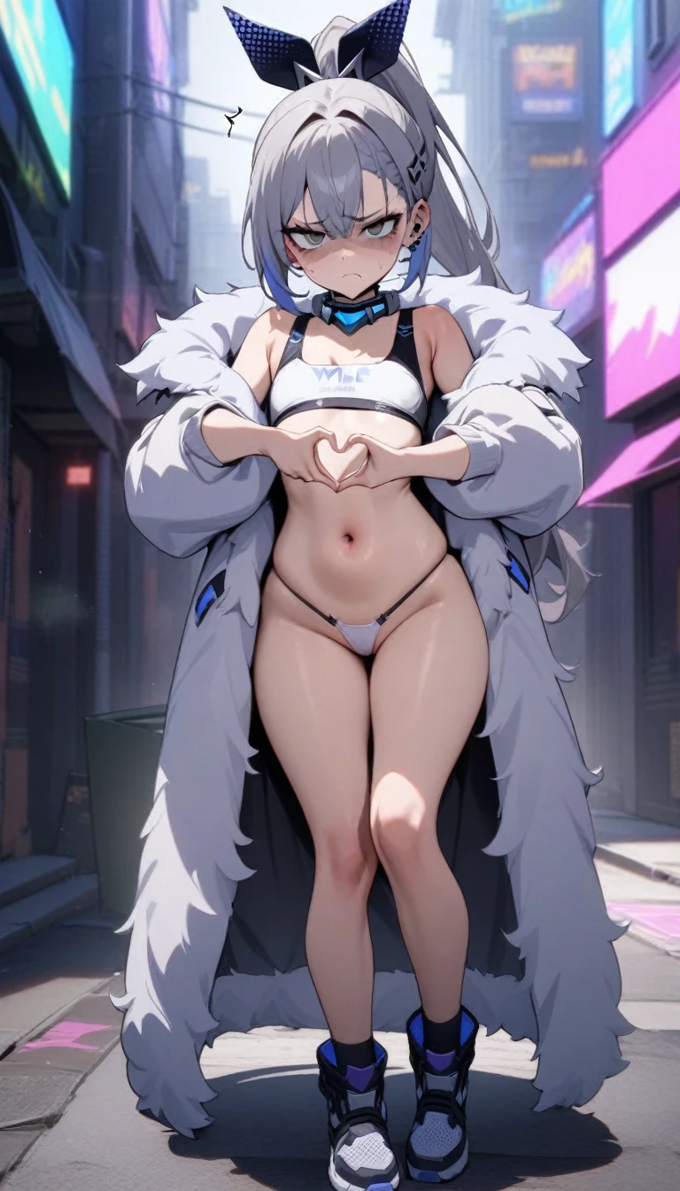 masterpiece, best quality, very aesthetic, absurdres, newest,1girl, full body, (contempt, disgust,shaded face,looking at viewer,frown),heart-shaped gesture,,silver wolf, gray eyes, high ponytail, cyberpunk, white top, open belly, thong, fur coat,in street