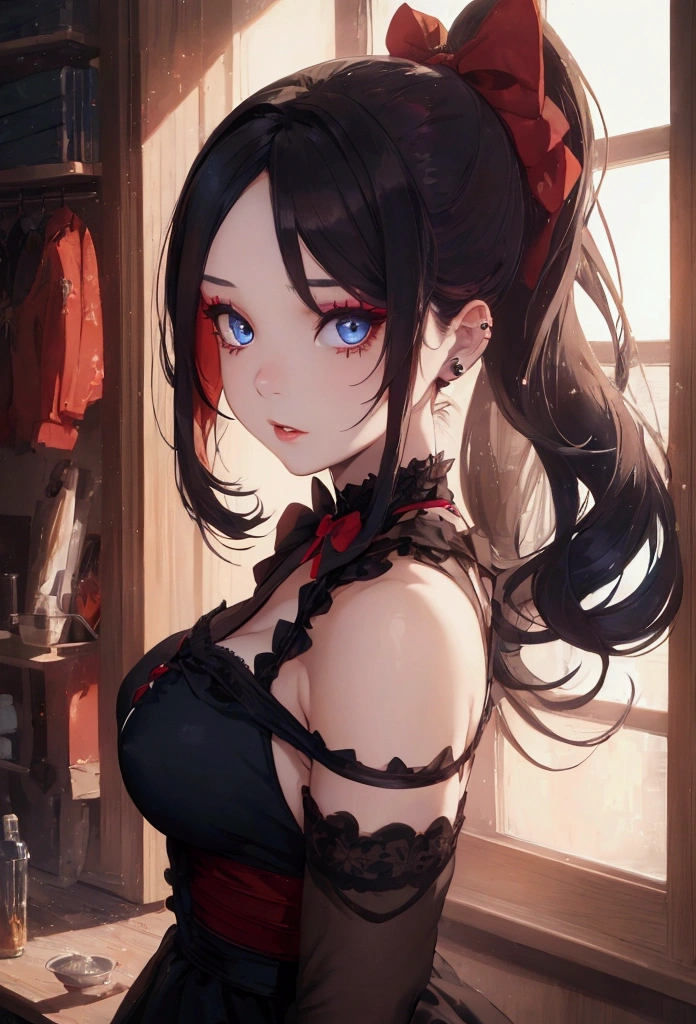 A beautiful feminine girl, who wears a short vampire-themed dress, and has an adult body with big breasts and ass, wears a ponytail with long black hair with a red hair bow, piercing, blue eyes, with makeup on her face, best quality, 4k, 8k, high resolution, masterpiece: 1.2), ultra-detailed, (realistic, photorealistic, photorealistic: 1.37), extremely detailed eyes and face, long eyelashes, detailed hair strands, fabric textures detailed, dramatic lighting, warm color palette