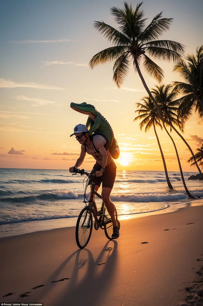 an alligator with glasses riding a bicycle on the beach carrying a board on his arm, in the background of the image there is a coconut tree, the sea and a sunset