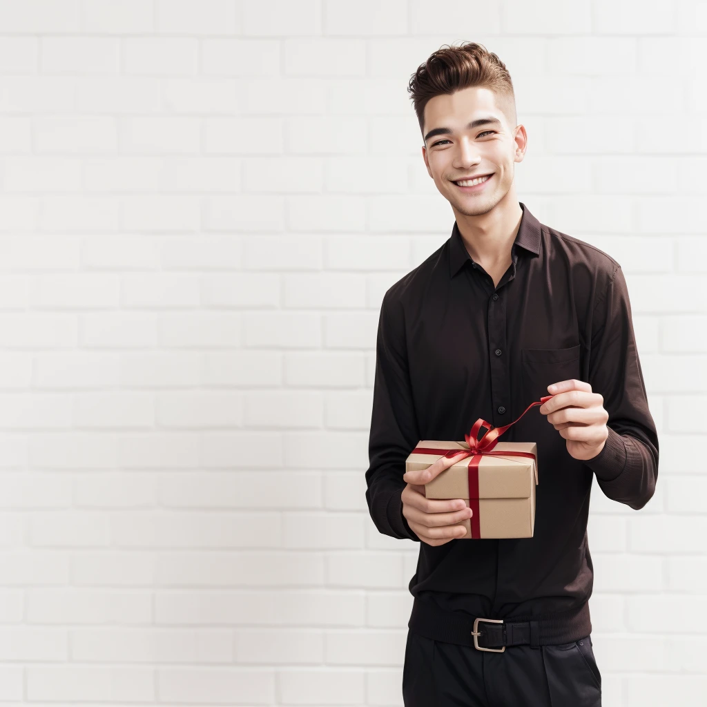 smiling man holding a brown box with a red ribbon and a bow, holding a gift, giving Gifts to people, Spare photo, Gifts, man 0, Handsome, Attractive man, shutterstock, portrait photography, young man with short sleeves, Photo of a man, smiling man, Man finds happiness, a Photo of a man, looking happy