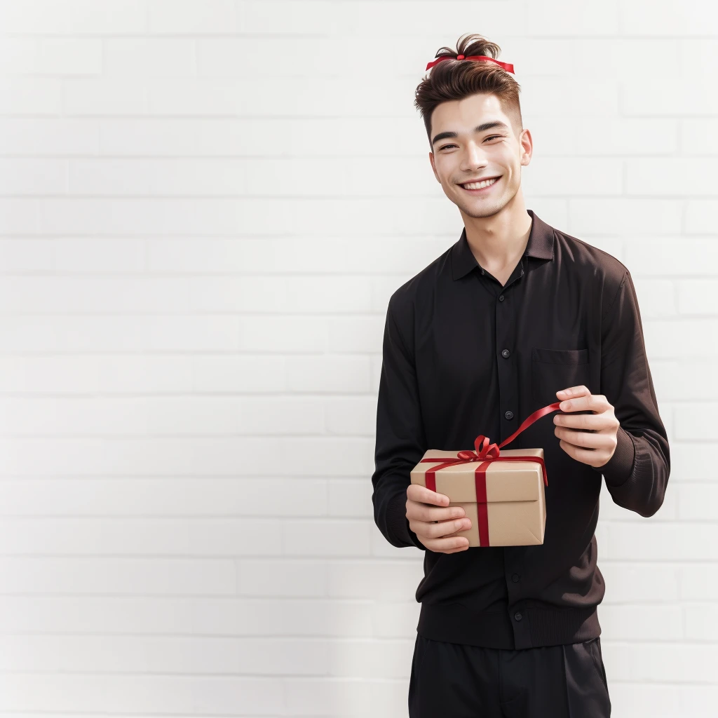 smiling man holding a brown box with a red ribbon and a bow, holding a gift, giving Gifts to people, Spare photo, Gifts, man aged 30, Handsome, Attractive man, shutterstock, portrait photography, young man with short sleeves, Photo of a man, smiling man, Man finds happiness, a Photo of a man, looking happy