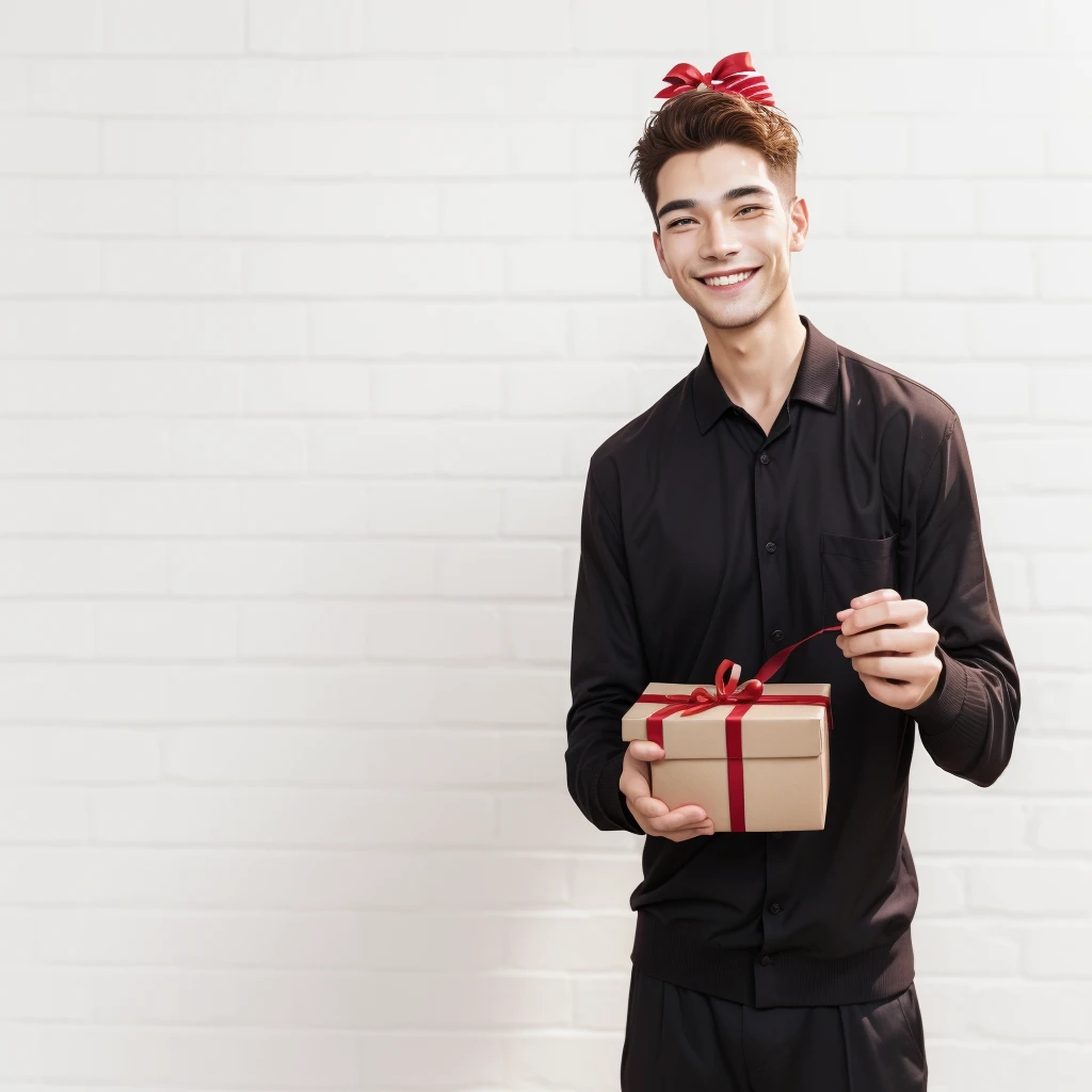 smiling man holding a brown box with a red ribbon and a bow, holding a gift, giving Gifts to people, Spare photo, Gifts, man aged 30, Handsome, Attractive man, shutterstock, portrait photography, young man with short sleeves, Photo of a man, smiling man, Man finds happiness, a Photo of a man, looking happy