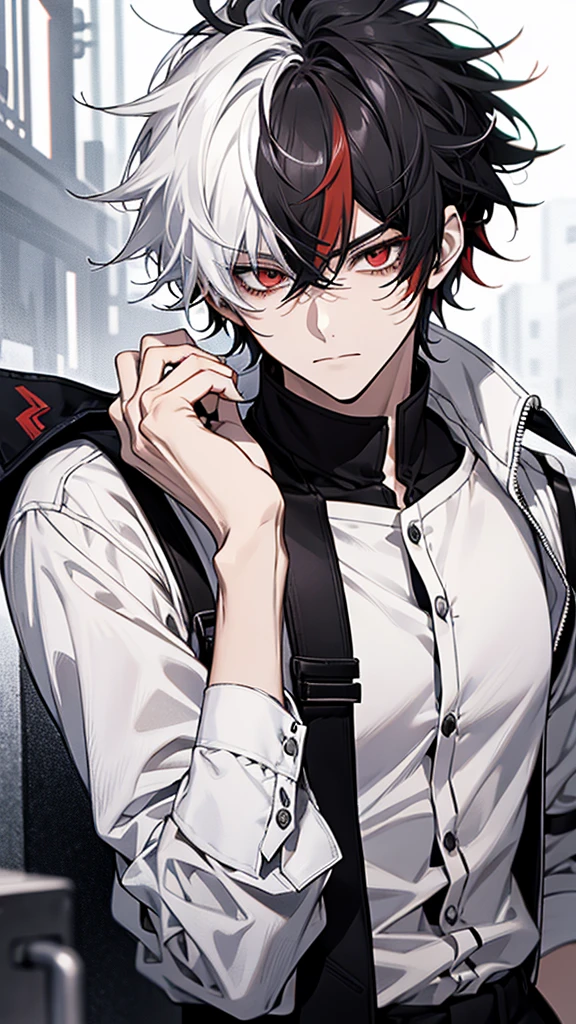 solo、male、White shirt、Red eyes、Straight face、Messy Hair、Short Hair、Multicolored Hair、Black and white hair、Two-tone hair