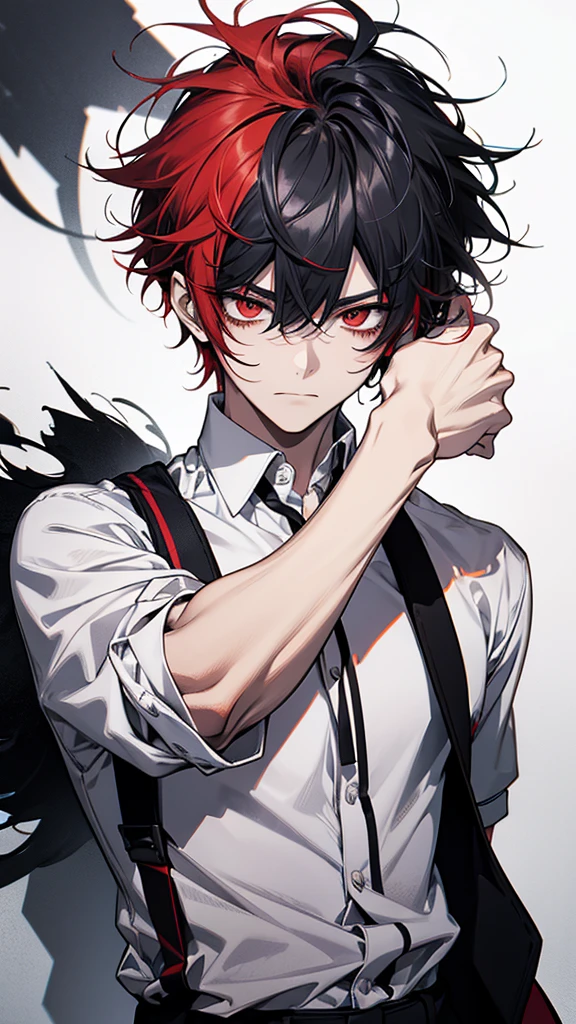 solo、male、White shirt、Red eyes、Straight face、Messy Hair、Short Hair、Multicolored Hair、Black and white hair、Two-tone hair