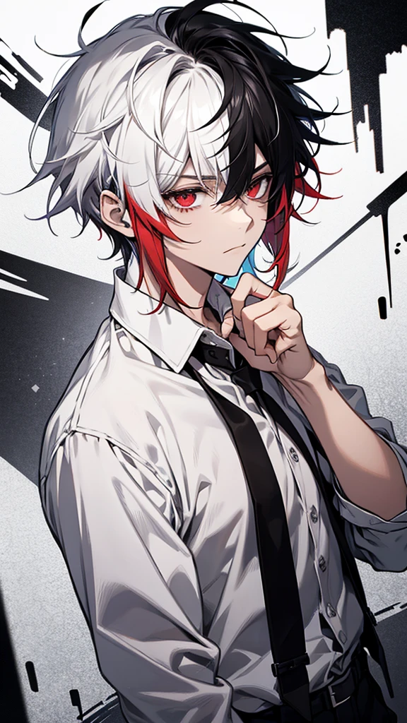 solo、male、White shirt、Red eyes、Straight face、Messy Hair、Short Hair、Multicolored Hair、Black and white hair、Two-tone hair