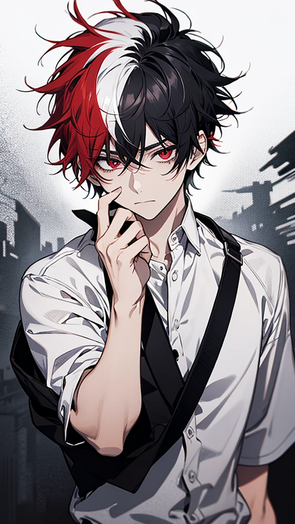 solo、male、White shirt、Red eyes、Straight face、Messy Hair、Short Hair、Multicolored Hair、Black and white hair、Two-tone hair