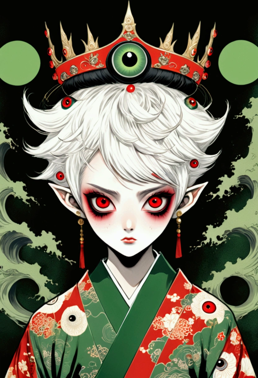 Japanese Anime，Second Dimension，Horror style，horror character，(((Three-eyed boy，(third eye on the forehead:1.1).Dark eyeshadow，White short hair，Elf ears，Exaggerated golden crown-eyeball decoration))),(((Gorgeous Japanese red kimono，Eye pattern，Dark Pattern))).(((Thin waist，Green belt：1.6))).(((Katana in hand)))，(style of santiago caruso,Tattoo on the neck)，Black background blur
