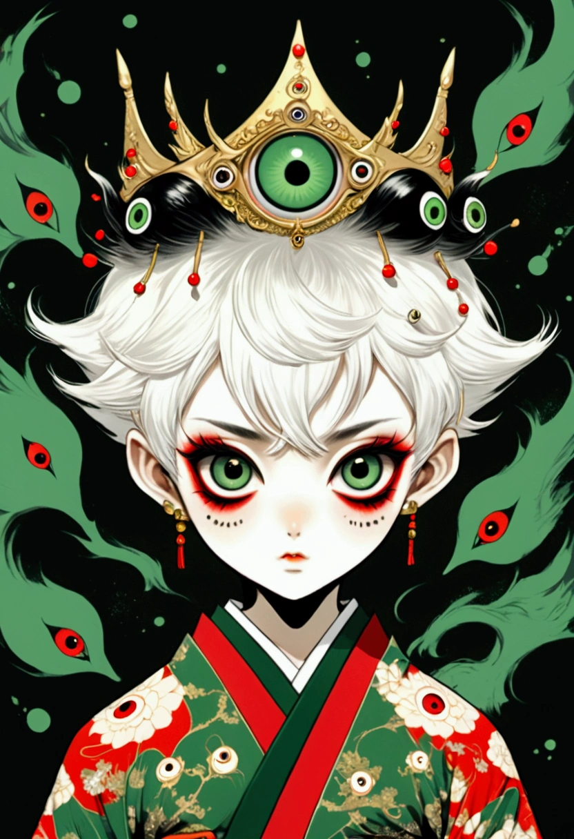 Japanese Anime,Second Dimension,Horror style,horror character,(((Three-eyed boy,(third eye on the forehead:1.1).Dark eyeshadow,White short hair,Elf ears,Exaggerated golden crown-eyeball decoration))),(((Gorgeous Japanese red kimono,Eye pattern,Dark Pattern))).(((Thin waist,Green belt:1.6))).(((Katana in hand))),(style of santiago caruso,Tattoo on the neck),Black background blur