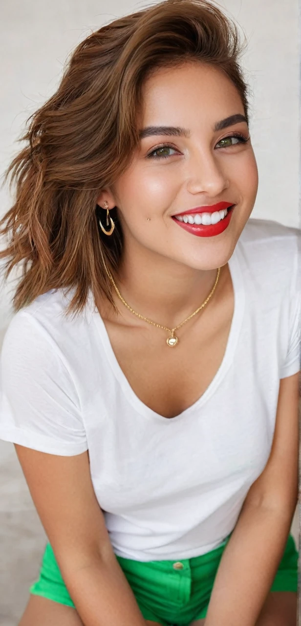 24-year-old female, brownhair, hazel brown eyes, princess nose, smile on the corners of your lips, faint red lipstick, pose sideways for photo, wearing white sleeve t-shirt, with green details, show your belly, piercing no umbigo, wearing red shorts, with pocket, beautiful woman with her hands on the bottom of her shorts, wearing black high heels, with beige bag on the shoulder.