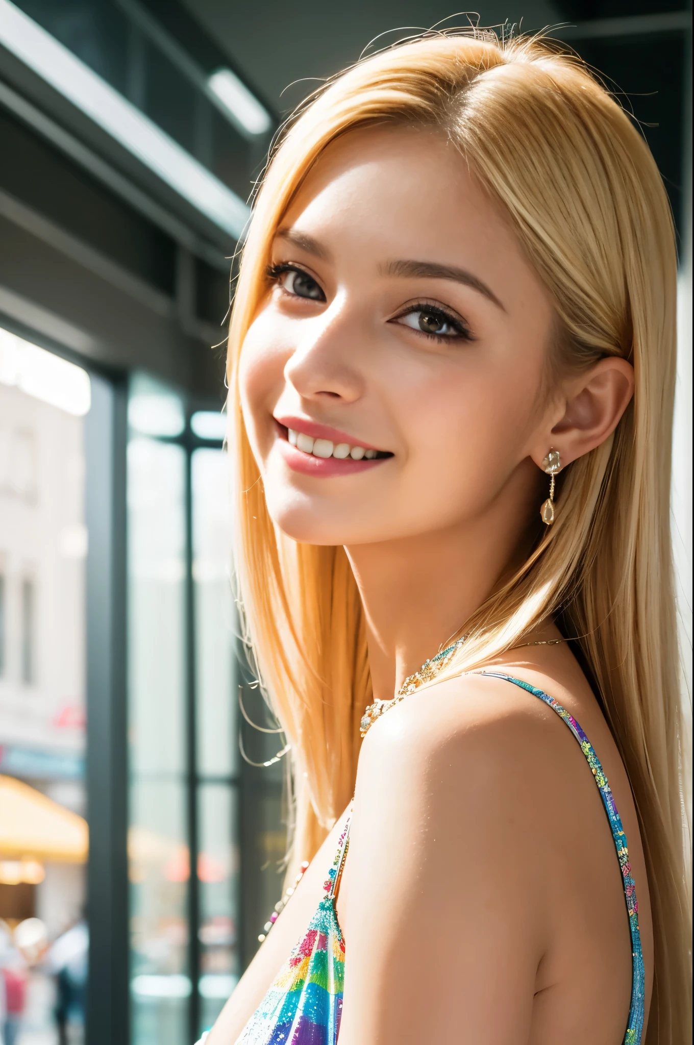 (best quality, 4k, 8k, highres, masterpiece:1.2), ultra-detailed, (realistic, photorealistic, photo-realistic:1.37), closeup, sexy seductive Swedish woman, (happy smile), (small breasts), (slim girl), long lashes, ultra detailed makeup, defined eyebrows, platinum blonde hair, fair skin, elegant posture, wearing large sparkling colorful jewelry, wearing a business style leather dress, standing in a large shopping mall, gentle sunlight shining through the shopping mall windows, casting a soft glow on her face, adding warmth to the scene, vibrant colors, capturing the essence of vibrant city life, portrait style, showcasing her natural beauty and grace in a feminine way