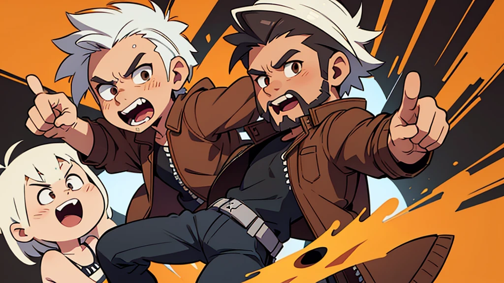 4k ultra HD chibi style character art, solo, man with white hair hightop style and dark chinstrap beard and goatee, brown eyes, wearing a brown leather bomber jacket open with a black shirt under it, black pants, combat boots, arm out pointing fingers as if they were a gun