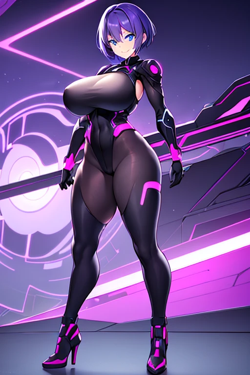 1girl, blue eyes, purple hair, very short hair, large breasts, hourglass figure, smile, bodysuit, black bodysuit, neon, neon trim, machinery, tech, science-fiction, futuristic, standing, full body, ((full body)), pantyhose, high heels