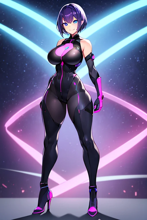 1girl, blue eyes, purple hair, very short hair, large breasts, hourglass figure, smile, bodysuit, black bodysuit, neon, neon trim, machinery, tech, science-fiction, futuristic, standing, full body, ((full body)), pantyhose, high heels