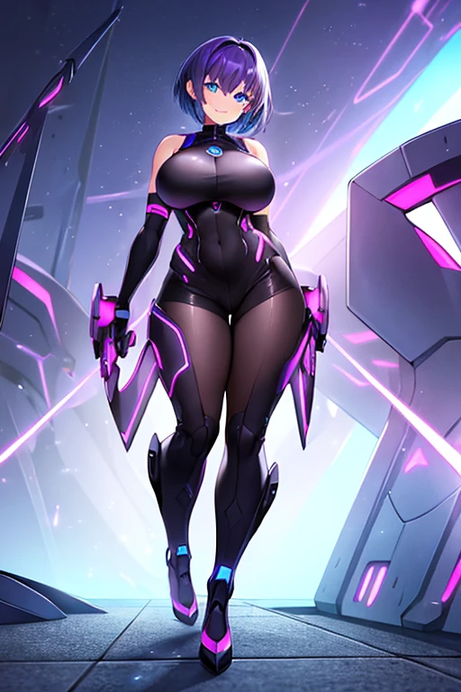 1girl, blue eyes, purple hair, very short hair, large breasts, hourglass figure, smile, bodysuit, black bodysuit, neon, neon trim, machinery, tech, science-fiction, futuristic, standing, full body, ((full body)), pantyhose, high heels