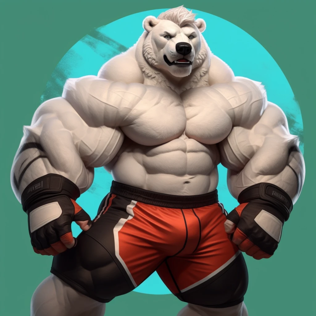 Brock Ólafsson The Huge Muscled Polar Bear, with White Hair, Huge, White Fur, Shirtless, Topless, Black MMA Fingerless Gloves and Black MMA Shorts