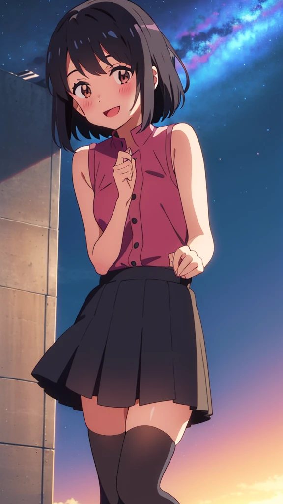 shinkai makoto, kimi no na wa., 1girl, bangs, black hair, blush, brown eyes, looking at the viewer, sleeveless dress, skirt, red headband, short hair, solo, outdoors, scenery, night sky, shinny skin, smile, open mouth, cute, thighhighs, (masterpiece), best quality