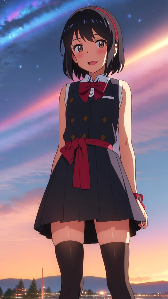 shinkai makoto, kimi no na wa., 1girl, bangs, black hair, blush, brown eyes, looking at the viewer, sleeveless dress, skirt, red headband, short hair, solo, outdoors, scenery, night sky, shinny skin, smile, open mouth, cute, thighhighs, (masterpiece), best quality