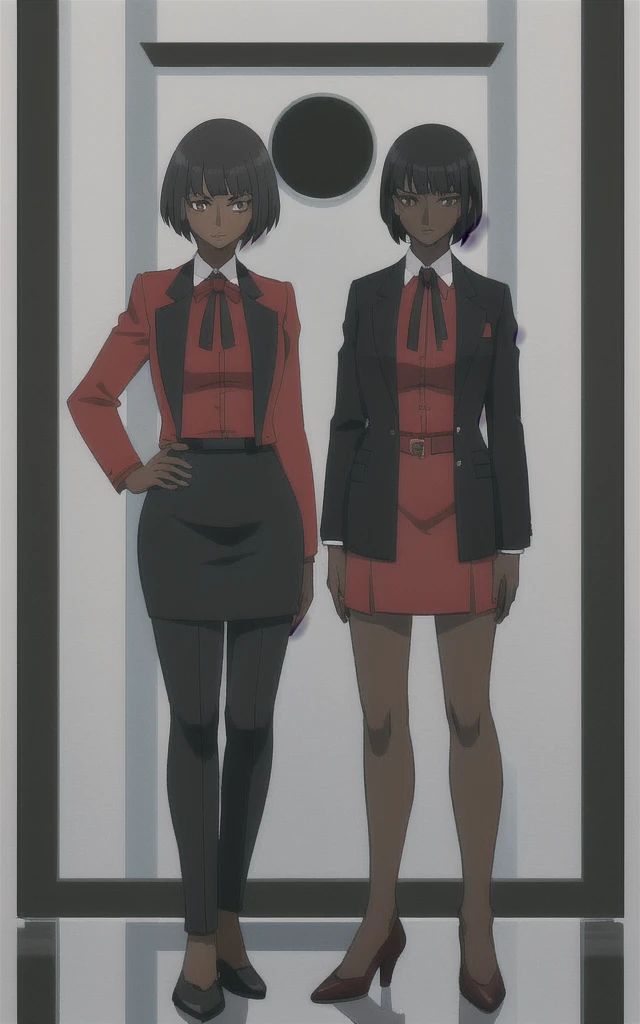 Tall adult Dark skinned business women in a red blazer skirt suit with a blouse underneath with short black hair  ceo  full body without more then one person 