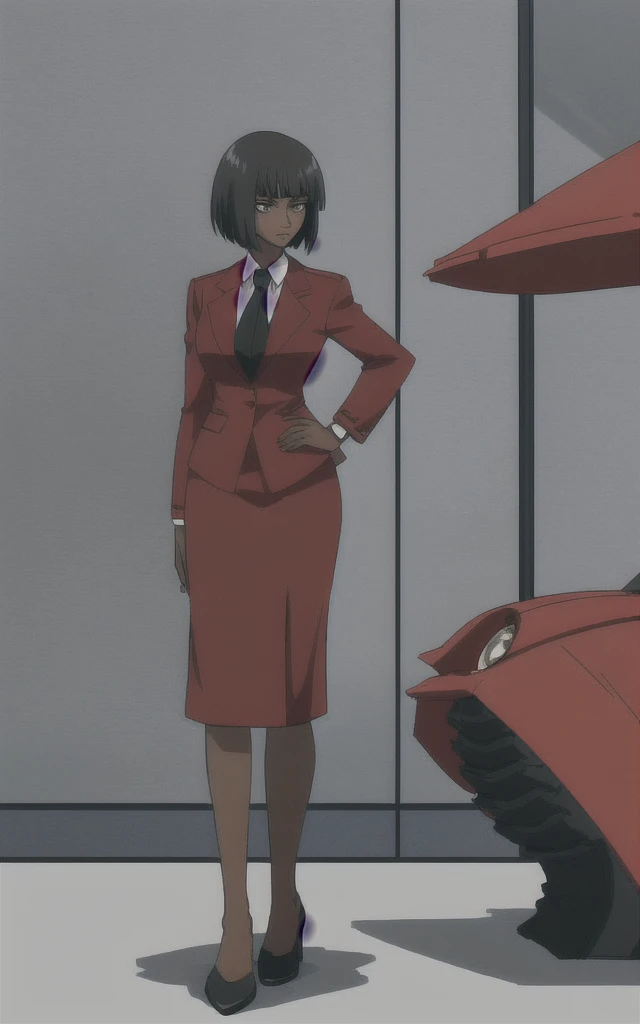 Tall adult Dark skinned business women in a red blazer skirt suit with a blouse underneath with short black hair ceo full body without more then one person