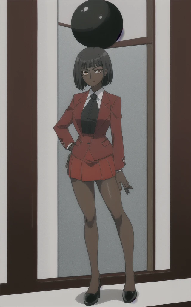 Tall adult Dark skinned business women in a red blazer skirt suit with a blouse underneath with short black hair  ceo  full body without more then one person 