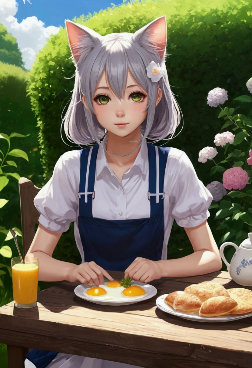 No frills required on arms，Staying in the garden，Anime cat-eared girl wearing the work, Get dressed and have breakfast, , Arte no estilo de Gwaiz, Gwaiz em Pixiv ArtStation, Gwaiz em ArtStation Pixiv, Gwaiz,  small , Soft anime illustration, Cute Girl Anime Looks, Detailed digital anime art
