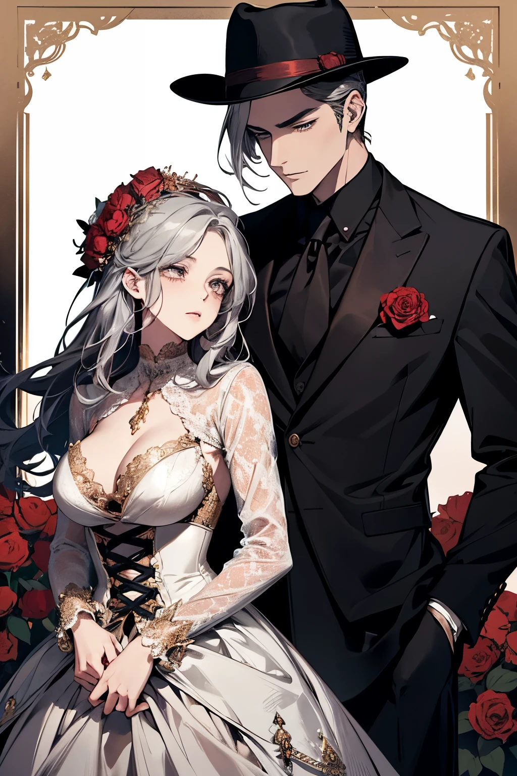 **Color Palette**: Select a color palette that exudes passion and mystery. Deep reds, blacks, and grays can symbolize both romance and the dangerous world of the mafia. Adding a hint of gold or silver can convey luxury and wealth.
**Images or Illustrations**:
- **Couple**: Feature a couple on the cover, with the female character (Emma) and the male character (Lucas) in an embrace, or a passionate pose. Make sure their chemistry is visible, but keep it tasteful.
- **Mafia Element**: Incorporate subtle mafia-related imagery, such as a silhouette of a man in a fedora, or a gun and roses, to hint at the danger in the story.