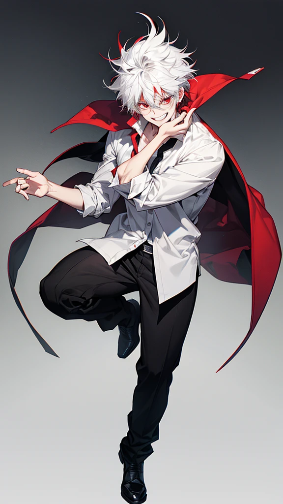 solo、male、White shirt、Red eyes、Straight face、Messy Hair、Short Hair、Long bangulticolored Hair、Black and white hair、Two-tone hair、laughing、smile、(Full Body Shot:1.2)、
