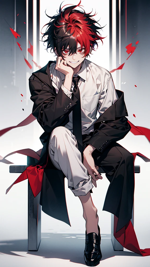 solo、male、White shirt、Red eyes、Straight face、Messy Hair、Short Hair、Long bangulticolored Hair、Black and white hair、Two-tone hair、laughing、smile、(Full Body Shot:1.2)、