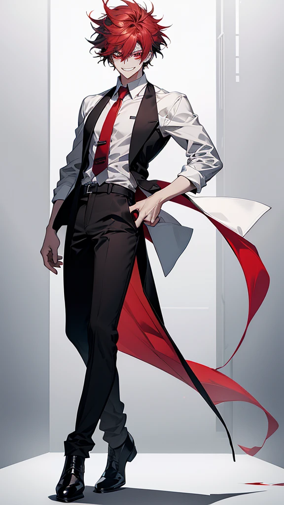 solo、male、White shirt、Red eyes、Straight face、Messy Hair、Short Hair、Long bangulticolored Hair、Black and white hair、Two-tone hair、laughing、smile、(Full Body Shot:1.2)、