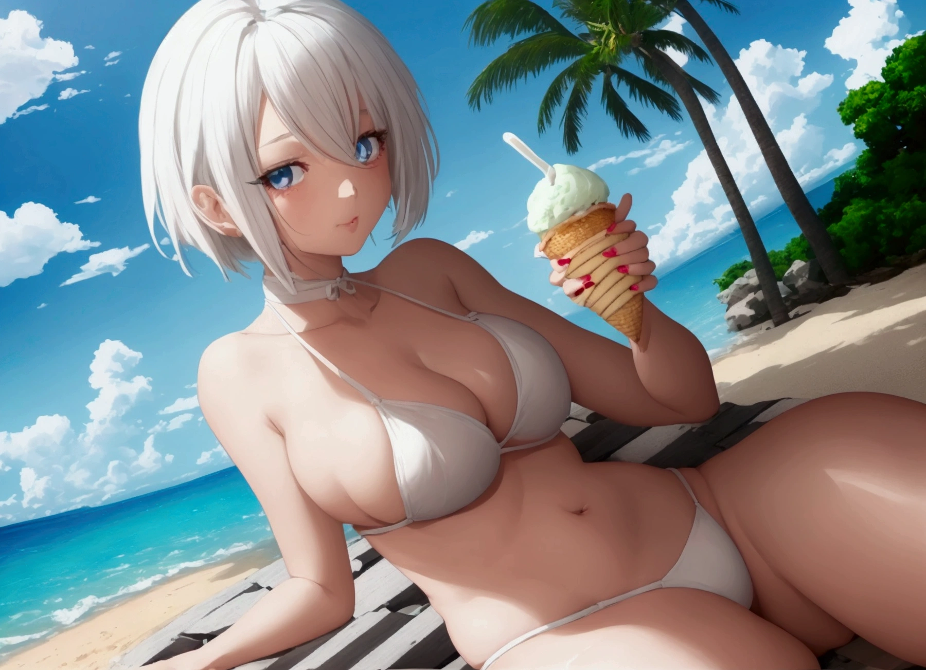 A beautiful anime girl with white hair, wearing a hot white bikini and a revealing thong, a beach and eating an ice cream on a sunny summer day, photographed from a low camera angle focusing on her thighs, surrounded by a stunning landscape.