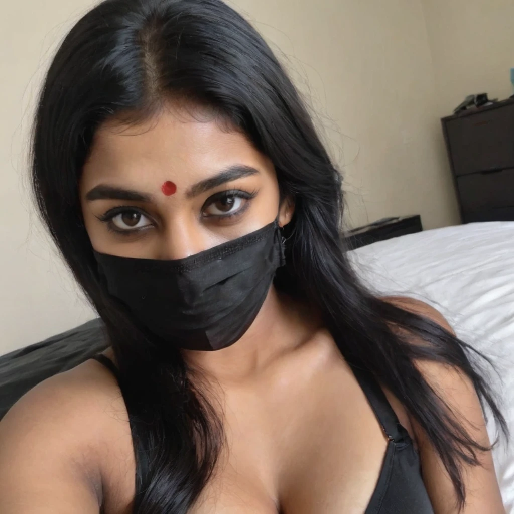phone photo of an 18year old Indian chubby girl at home, blue top, cleavage clearly visible, wearing a black mask, uploaded on snapchat