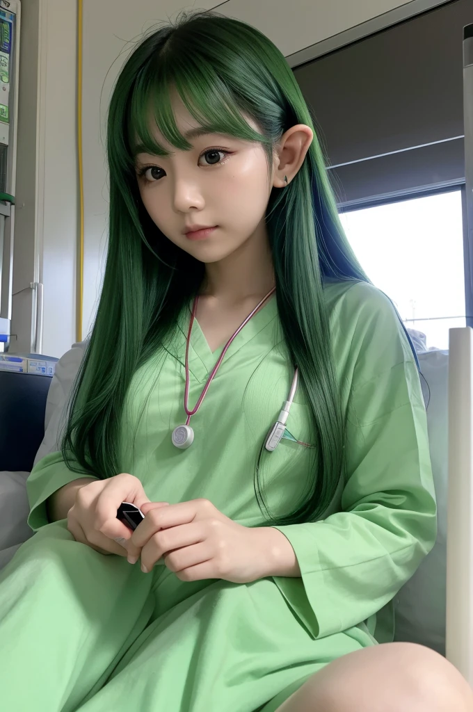 One Girl､Elf、Green longhair、hospital、Watching a smartphone､A bored look