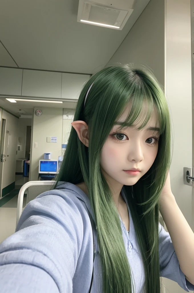 One Girl、Elf、Green longhair、hospital、Watching a smartphone、A bored look