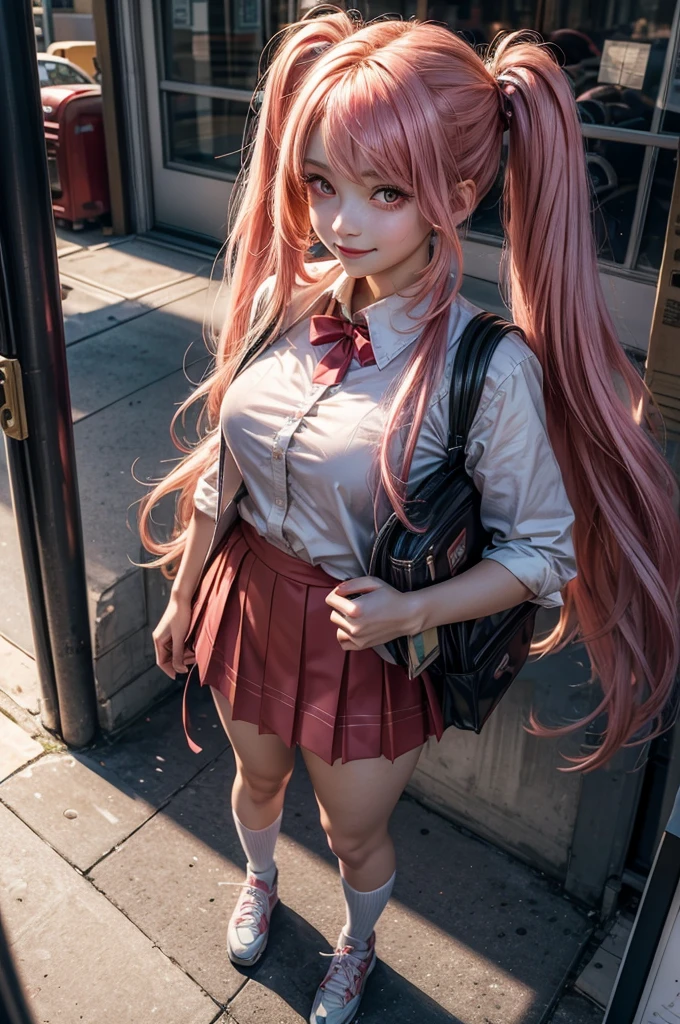 ((best quality, ultra-detailed, high resolution, extremely detailed CG, super detailed, dynamic lighting)), 1 girl, beautiful girl, cute girl and idol face, young face, smile, Beautiful long pink hair, twintails, Beautiful shining red eyes, white skin, slender, Short body, Japanese High School Girls' Uniforms, Schools, schoolyards, and commuting, school bag, after the rain, shine , rainbow, full body, 