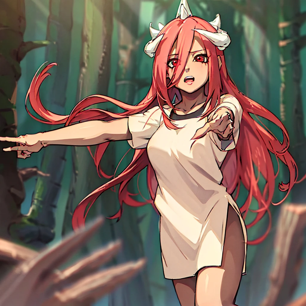 "Masterpiece, high quality, (cheered up), Best Quality, 1 girl, dynamic lighting, simple background, Red hair, Red eyes, ((15 years)), beautiful face, pretty eyes, beautiful background, (((Very detailed eyes and face.))), session, dynamic pose, forest background, coquette