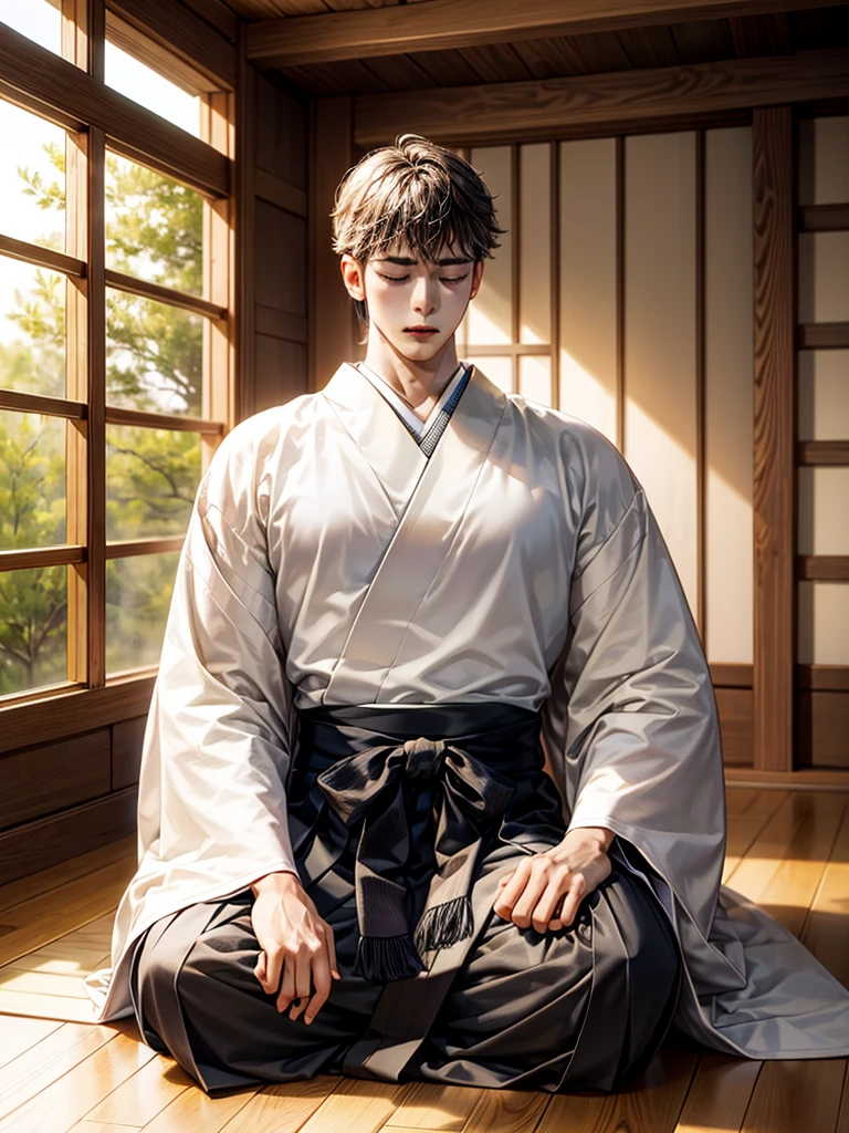 Highest Resolution,Highest quality,A beautiful young boy in hakama sitting in meditation with his eyes closed,Wooden floor,Japanese-style house,Veranda,(((whole body))),front,Beautiful face,