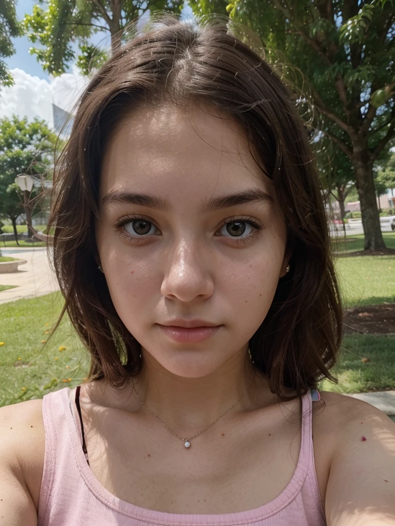 Selfie, Ultrarealistic, 17 year old teen girl, pretty face, white skin, dark brown hair, wearing a pink top, (selfy with front camera), upper body, at park