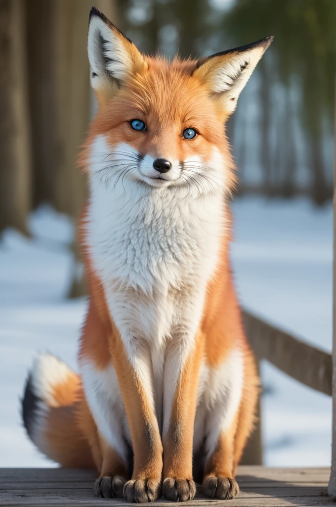 happy fox sitting with blue eyes