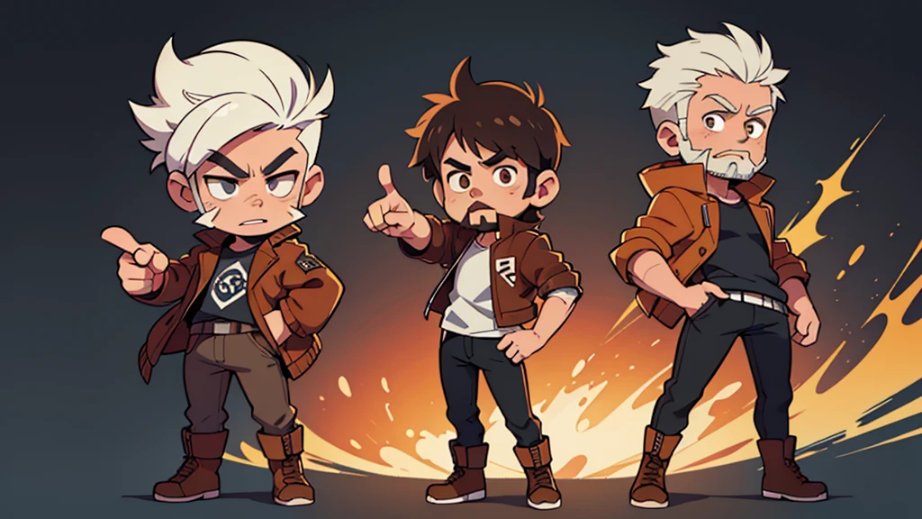 4k ultra HD chibi style character art, solo, man with white hair hightop style and dark chinstrap beard and goatee, brown eyes, wearing a brown leather bomber jacket open with a black shirt under it, black pants, combat boots, arm out pointing fingers as if they were a gun