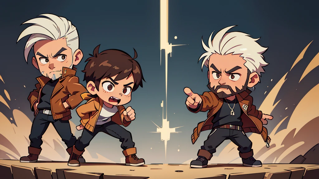 4k ultra HD chibi style character art, solo, man with white hair hightop style and dark chinstrap beard and goatee, brown eyes, wearing a brown leather bomber jacket open with a black shirt under it, black pants, combat boots, arm out pointing fingers as if they were a gun