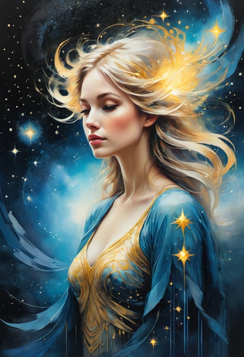 A sparkling celestial wanderer, the galactic time traveler is depicted in vibrant shades of gold and silver, with nebulae swirling around her figure. This breathtaking image is an intricate gouache painting, with intricate details that seem to glow from within. The traveler's ethereal presence is captured beautifully, with intricate patterns adorning her flowing robes and a sense of mystery in her eyes. The overall effect is mesmerizing, inviting viewers to lose themselves in the cosmic beauty of this otherworldly being.